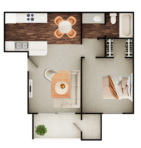 A top-down view of a kitchen with a table and chairs.